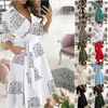 Casual Kleider Sommer Frau Sexy Retro Tuniken Drucken Midi Kleid 3/4 Ärmel A-linie Patchwork Spitze Up Büro V-ausschnitt Mode Damen Rock