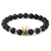 Strand Gold Kolor Crown Black Lava Bracelets 8 mm Natural Stone Fashion Simple Classic Elastyczny lina dla kobiet mężczyzn