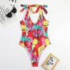 Traje de banho feminino colorido 2023 mulher arco ombros push up uma peça feminina aberto nas costas sexy magro monokini maiô meninas