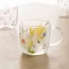 Caneca de café vidro borosilicato criativo padrão de flores chá água café da manhã copo com alça para casa copos transparentes para presente L230620