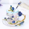 Creative Blue Rose Enamel Crystal Tea Cup Coffee Mug Butterfly Rose Painted Flower Water Cups Clear Glass with Spoon Set L230620