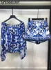 Two Piece Dress SPENNEOOY Summer Fashion Blue And White Porcelain Print Shorts Suit Womens One Word Collar Loose Lantern Sleeve TopSlim 230627