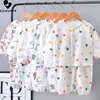 Clothing Sets Kids Boys Girls Pajamas 2023 Summer Cotton Linen Thin Cartoon Three quarter Sleeve Tops with Pants Baby Sleeping 230627