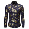 Camicie casual da uomo Mattswag da uomo Blu scuro Luxury Floral Gold Shiny Print Camisa Elegante camicia a maniche lunghe slim Party Prom
