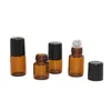 Amber Glass Essential Oil Roller flaskor med glas SS -rullbollar Aromaterapi parfymer Läppbalsam rullar på flaskor 1 ml 2 ml QHMVR