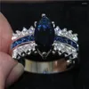 Anelli a grappolo Luxury Blue Marquise Cut 3 Fede nuziale con diamanti simulati per le donne con logo S925 Real 925 Silver Finger