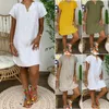 Party Dresses Women Short Sleeve Dress Solid V Neck Summer Beach Cotton Linen Casual Kaftan Maxi Loose Tops Plus Size S-XL