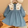 Flickans klänningar Spring Autumn Long Sleeve Lapel Casual Dress broderade barnkläder Girl Korean Style Children Dress 230627