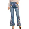 Kvinnors jeans kvinnor raka ben byxor botten blommor broderad bootcut denim bell hajuku hög midja baggy byxor vintage mode 4