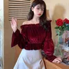 Women's Blouses Gold Velvet Off Shoulder Women Long Sleeve Autumn Black French Style Elegant Shirt Tops