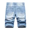 Raped Hole Summer Denim Shorts For Men Trend modny Proste spodnie średniego stanu jasnoniebieskie gwiazdy łatki dżinsy kolanowe