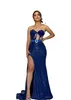 Sexig Royal Blue Plus -storlek Mermaid Prom Dresses For Women veckor Sökad draperad sida delad backless Formal Wear Birthday Pageant Second Reception Party klänningar