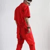 Men's Jeans 5XL Overalls Men Big Red Cotton 100 Onepiece Shortsleeved Male Nightclub Tooling Jumpsuit Cargo Pants Summer Romper 230628