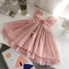 Flickans klänningar Summerklänning för barnflickan Square Collar Kort flare ärmar Pink Open Back Butterfly Style Mesh Dress Children Clothing E6314 230627