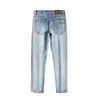 Designer de jeans pour hommes printemps et été mince Lvjia bleu de prusse léger luxe en relief décontracté polyvalent coupe ajustée petit tube droit denim pantalon long L12F