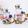 Emaye Renkli Cam Su Bardağı Kapaklı Set Avrupa Gül Çiçek Çay Bardağı Kahve Kupa Isıya Dayanıklı Tatil High-end Hediye Kutusu L230620