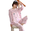 Pijamas femininos pijamas de cottin conjunto de pijamas manga longa decote em v primavera outono impressão pijamas 2 peças camisa calças calças roupas para casa