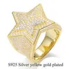 Estilo hip pop banhado a ouro amarelo 925 prata em forma de estrela testado positivo 1,5 mm corpo a corpo redondo moissanita anel masculino