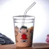 Cartoon stijl leuke 300 ML loodvrij ochtend water glazen beker Huishoudelijke drinkware melk sap Glazen Mok met deksel en stro L230620