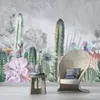 Papier peint personnalisé papier peint aquarelle vert grands cactus du désert et fleurs grises abstraites décoration murale florale PVC