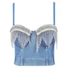 Women's Tanks 2023 Sexy Denim Rhinestone Corset Camisoles Bustiers Bra Party Club Streetwear Lingerie Look Stage Costumes