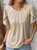 Vrouwen T-shirt Elegante Geperst Plooien Korte Mouw Vrouwelijke Zomer Casual Effen Kleur Kant Splicing O Hals Tees Tops 5XL 230628