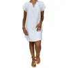 Party Dresses Women Short Sleeve Dress Solid V Neck Summer Beach Cotton Linen Casual Kaftan Maxi Loose Tops Plus Size S-XL