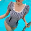 Women's Swimwear Women One Piece Plaid Swimming Suit SHort Sleeves Sexy Vintage Beach Wear Push Up Bandage Belly Hidden Monokini 2023