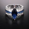 Anelli a grappolo Luxury Blue Marquise Cut 3 Fede nuziale con diamanti simulati per le donne con logo S925 Real 925 Silver Finger