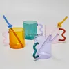 Tasarım Renkli Kulak Cam Kupa El Yapımı Basit Dalga Kahve Fincanı Sıcak Su Tumbler Hediye için Drinkware 300 ml L230620