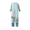 Women's T Shirts Pleated Spring Quarter Sleeve Floral Print Top Loose Casual Capris Suit