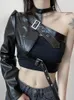 Women's Jackets 2023 Gothic Black PU Leather Jacket Women One Shoulder Halter Buckle Hip Hop Outfits Fashion Streetwear Cropped Solid