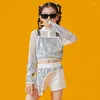 Stage Wear Children Silver Sequined Outfits Jazz Dance Clothes for Girls Kpop Concert Hip Hop Performance Costume DNV17103
