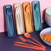 Servis uppsättningar 4st reser bestick bärbart bordsartiklar med lådanspinnar gaffel kniv kniv vete halm picknick