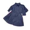 Two Piece Dress Designer Summer girl style, age reducing and playful short sleeved top with half skirt embroidery denim set P2GD