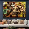 Graffiti Bear Boxing Bull Money Art Canvas Painting Wall Art Pictures Financial Stock Market Motivational Arts Picture for Living Room Home Decor Frameless