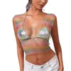 Dames tanktops Dames S mesh tanktops Diamond Hollow Out See Through Crop Voor Festival Club Rave Outfit (Kaki V-hals One Size)