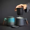400 ml Keramik Retro Kaffeetasse Büro Wassertasse Filter Teetasse mit Deckel Tassen und Becher Holzgriff Caneca Geburtstagsgeschenkbox L230620