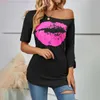 T-shirt da donna estiva T-shirt a maniche corte con stampa labbra T-shirt con spalle scoperte Moda irregolare Top slim Nero Casual Taglie forti Abbigliamento donna Camicie Xxxl