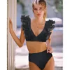 Women Swimodwear 2023 Kobiet Swimsuit Seksowne mini mikro bikini plażowe organza z wysokim talii żeńska czarna druk poliestru dwuczęściowy