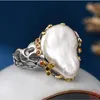 Cluster Rings Genuine S925 Sterling Silver For Women Fashion Exaggerate Baroque Freshwater Pearl Micro Inlay Zircon Hollow Jewelry