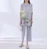 Women's T Shirts Pleated Spring Quarter Sleeve Floral Print Top Loose Casual Capris Suit