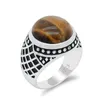 Cluster Rings Turkish Tiger Eyes Stone Ring For Men 925 Sterling Silver Natutal Retro Checkered Design Fine Jewelry To Male Gift