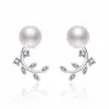 Popular Girl's CZ Leaf Pearl Ear Studs Jewelry Rose Gold/Platinum Plated Silver Stud Earings for Date OL Fashion Jewelry