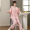 Pijamas femininos pijamas de cottin conjunto de pijamas manga longa decote em v primavera outono impressão pijamas 2 peças camisa calças calças roupas para casa