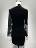 Casual Dresses Sparkles Turtleneck Prom Black Long Sleeves See Thru Mini Length Sequins Applique Party Dress Robes