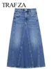 Jupes TRAFZA Femmes Avant Fente Bleu Denim Jupe Poches Taille Haute Mince Zipper Fly Midi Jupes Printemps Femme Casual Streetwear 230628