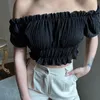 Kvinnors blusar Streetwear Solid Crop Tops Fashion Woman Blue 2023 Elegant Short Puff Sleeve Off Axeltröjor Tucked midjeinika