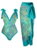 Women's Swimwear Women's Blue And Gold Art Printed V-neck Tight Lace-up Butterfly Bow Fashion One Piece Swimsuit Covering Summer 2023