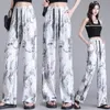 Ink painting tie-dyed Women's Pants summer straight tube Capris printed casual middle-aged and elderly thin wide leg Trousers